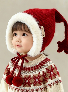 儿童圣诞帽子秋冬季保暖针织护耳帽男女宝宝毛线帽红色新年喜庆潮