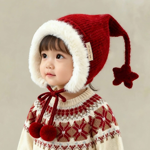 儿童圣诞帽子秋冬季保暖针织护耳帽男女宝宝毛线帽红色新年喜庆潮