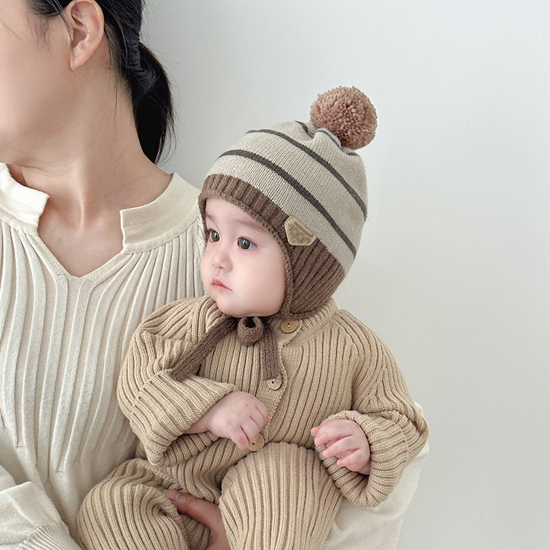 儿童帽子秋冬季洋气条纹保暖加厚毛线帽男孩女宝宝防风出游护耳帽