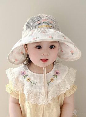 儿童帽子夏季薄款透气网眼大帽檐遮阳防晒帽女宝宝甜美花朵渔夫帽
