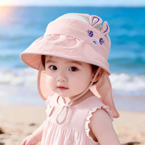 儿童遮阳帽子夏季薄款大帽檐透气网眼披肩帽女宝宝防紫外线空顶帽