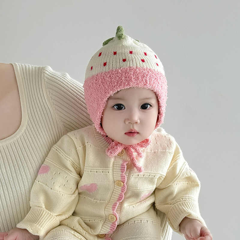 婴幼儿帽子秋冬季保暖加厚针织毛绒护耳帽女宝宝小月龄防风毛线帽