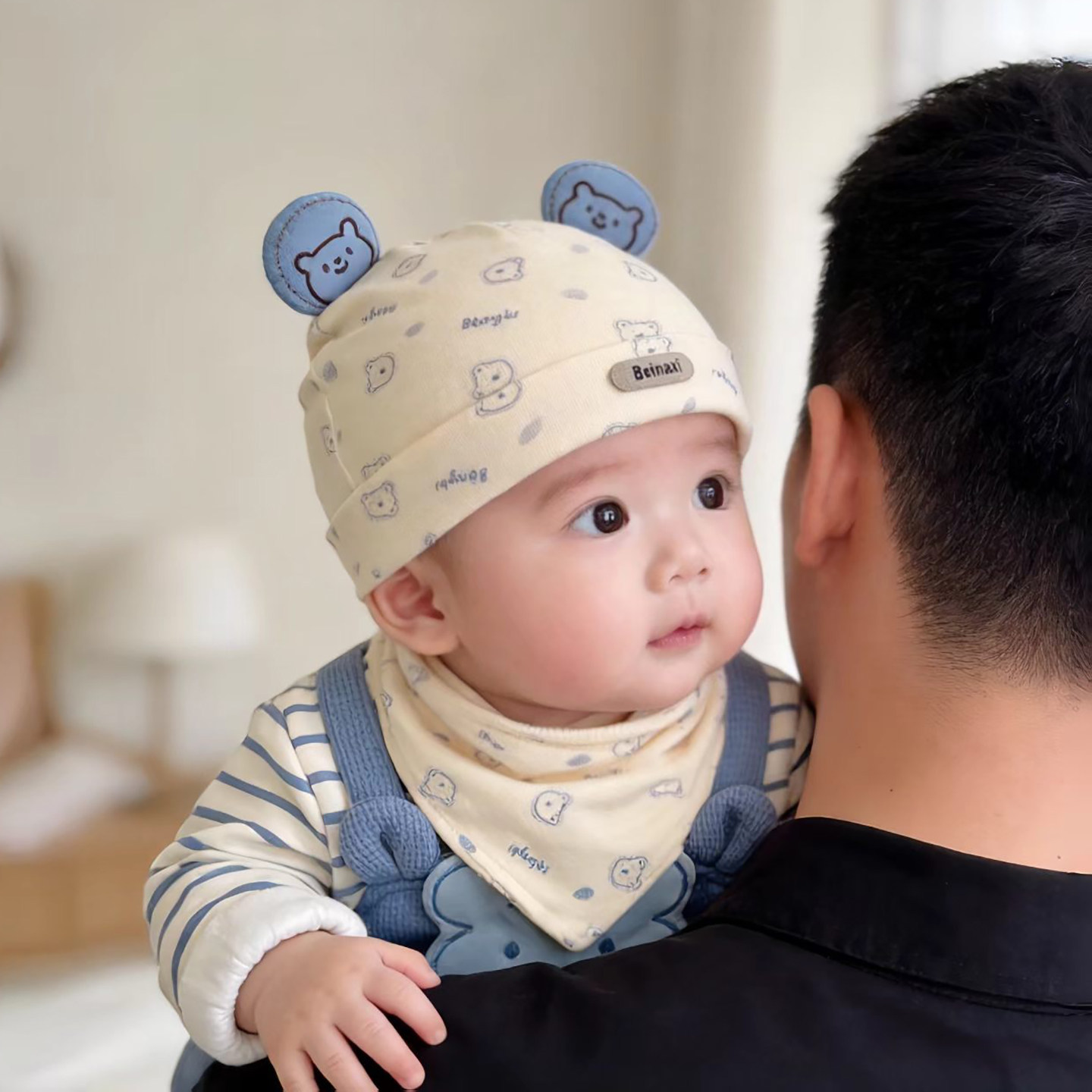 婴幼儿帽子秋冬季保暖护囟门胎帽宝宝小月龄三角巾套装新生口水巾