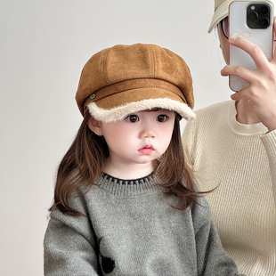 韩版 保暖防风加绒贝雷帽男女宝宝防风八角画家帽潮 儿童帽子秋冬季