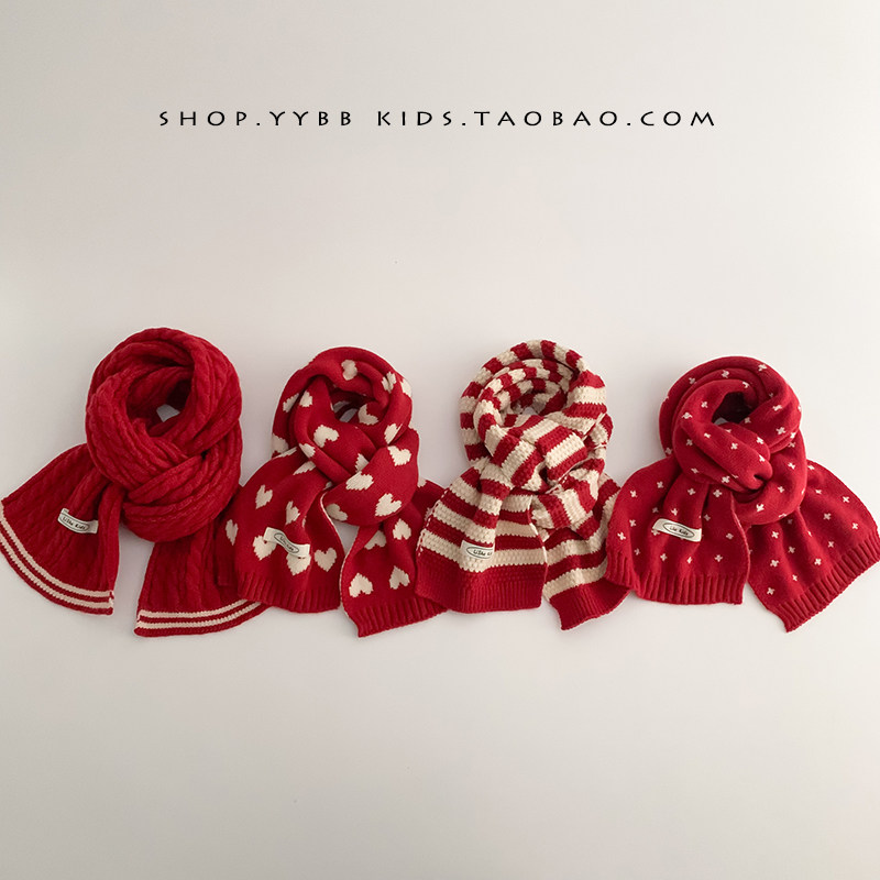 圣诞红色儿童围脖秋冬季保暖加厚针织围巾男婴女宝宝新年防风脖套