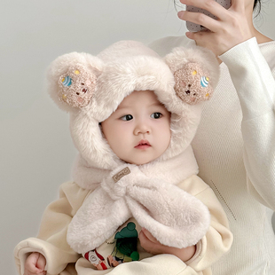 宝宝帽子围巾一体帽可爱卡通保暖加厚毛绒帽男女童护耳帽两件套潮