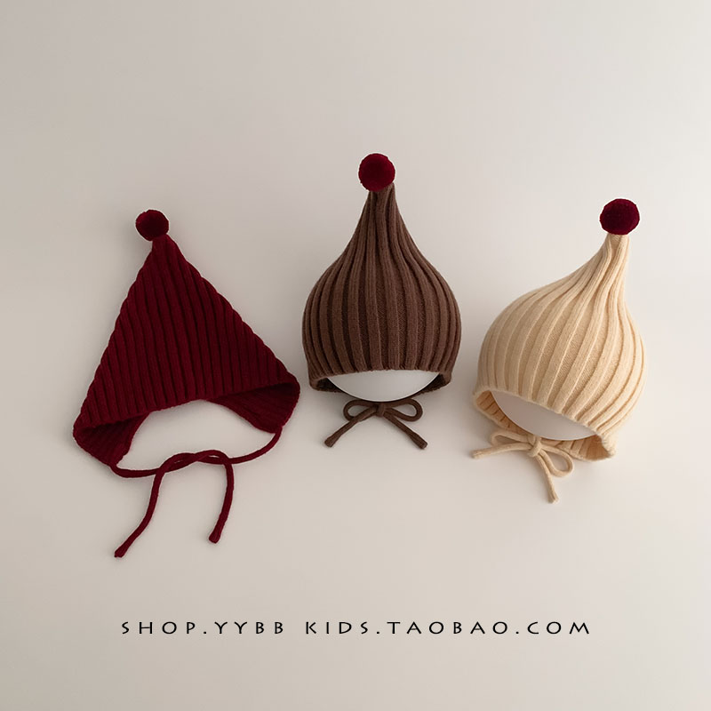 婴儿帽子秋冬季保暖加厚针织尖尖帽男女宝宝小月龄韩系防风毛线帽