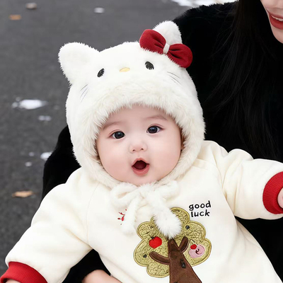 婴幼儿帽子秋冬季可爱保暖加厚毛绒护耳帽女宝宝小月龄防风毛线帽