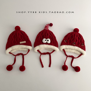 婴儿红色圣诞帽子秋冬季保暖加厚针织护耳帽男女宝宝小月龄毛线帽