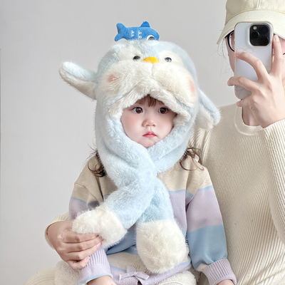 儿童帽子围巾一体会动耳朵两件套男女宝宝秋冬季保暖加厚毛绒帽潮