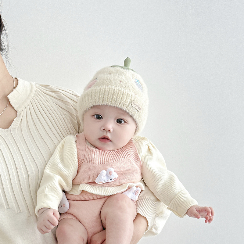 婴儿帽子秋冬季保暖加厚针织毛绒帽男女宝宝小月龄胎帽护耳毛线帽