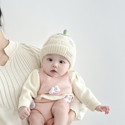 婴儿帽子秋冬季保暖加厚针织毛绒帽男女宝宝小月龄胎帽护耳毛线帽