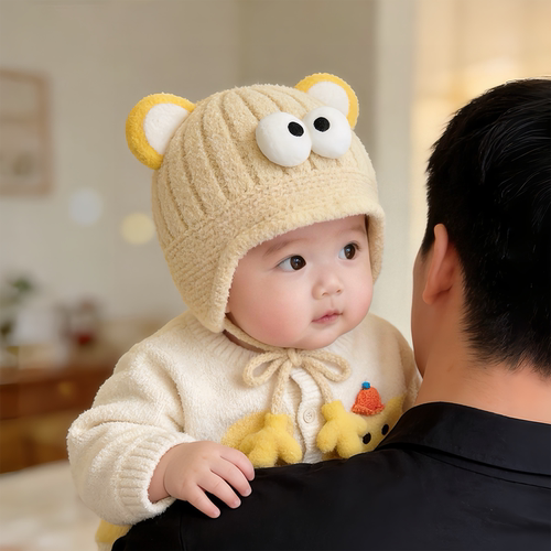 卡通大眼儿童帽子秋冬季保暖加厚针织护耳帽男婴女宝宝毛线毛绒帽
