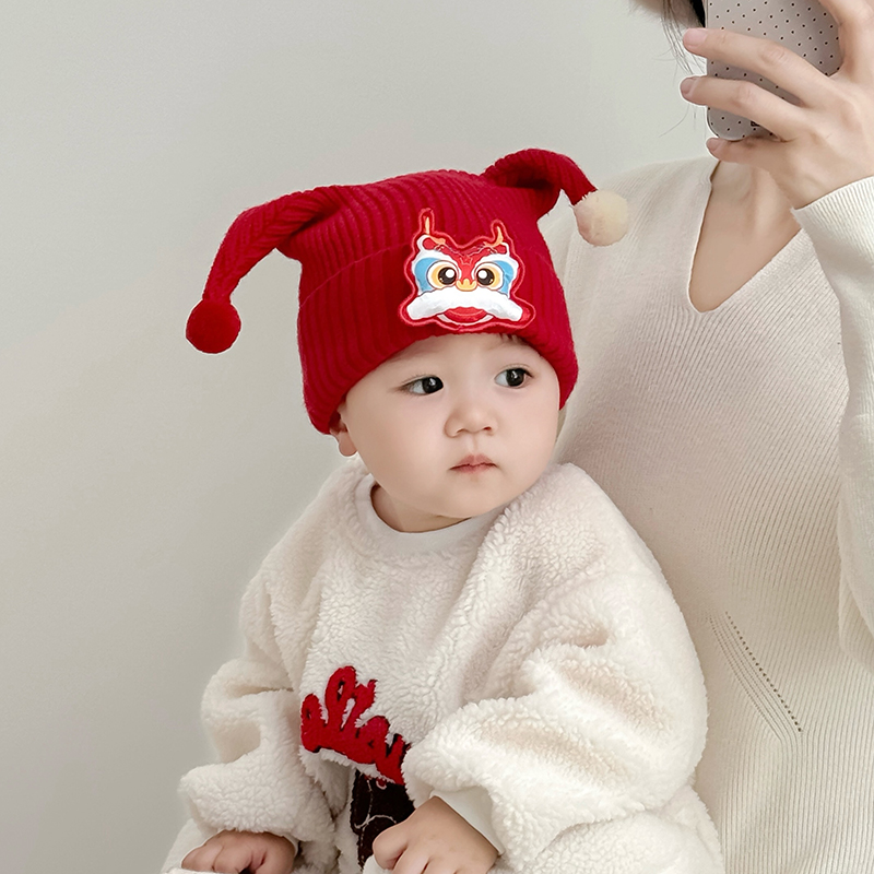 宝宝冬季帽子可爱红色醒狮针织套头帽新年小月龄保暖男女童毛线帽