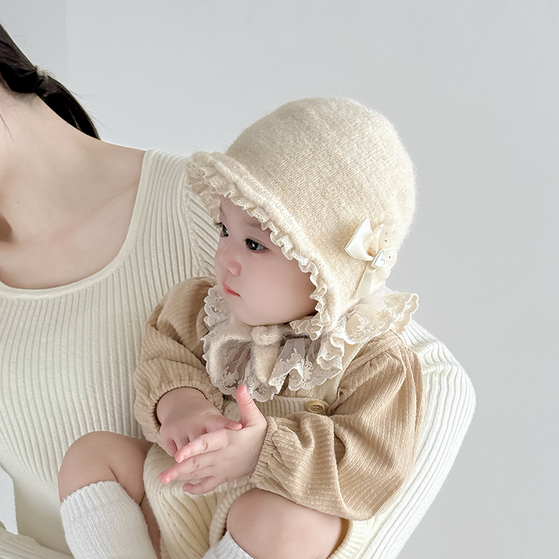 婴儿帽子秋冬季保暖加厚针织护耳帽女宝宝小月龄蕾丝蝴蝶结毛线帽