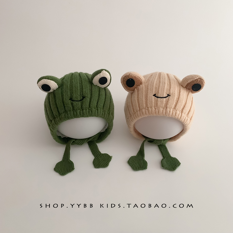 婴儿帽子秋冬季可爱小青蛙宝宝护耳帽加厚保暖毛线帽男女童套头帽