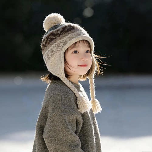 复古费尔岛儿童帽子秋冬季保暖加厚针织护耳帽男女宝宝可爱毛线帽