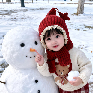 韩版儿童帽子秋冬季保暖加厚毛线针织围巾一体帽女宝宝防风护耳帽