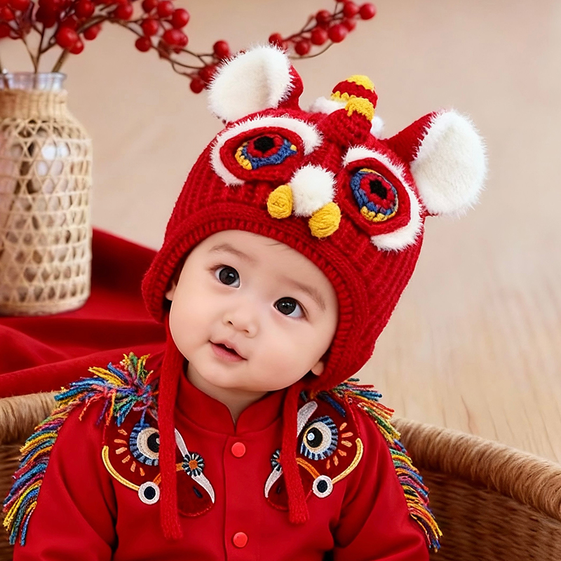 婴儿红色喜庆帽子冬季保暖加厚针织护耳帽男女宝宝新年醒狮毛线帽