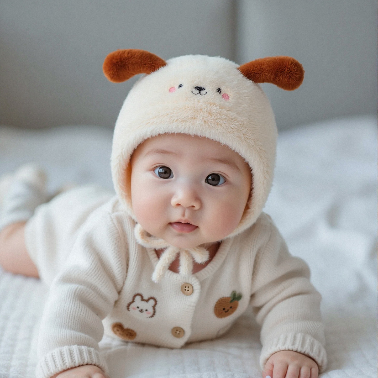 婴儿小月龄帽子秋冬季保暖加厚毛绒护耳帽男女宝宝可爱针织毛线帽