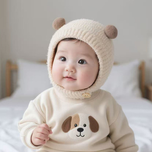 宝宝帽子秋冬款针织毛绒护耳帽婴幼儿包头保暖小月龄男女童套头帽