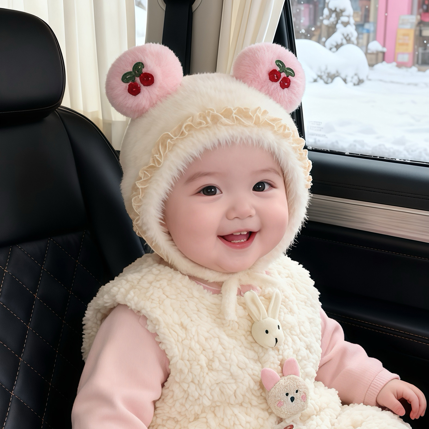 婴儿帽子秋冬季保暖加厚针织护耳帽女宝宝小月龄防风毛线帽毛绒帽