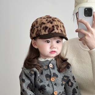 韩版 保暖洋气加绒鸭舌帽男女宝宝防风棒球帽潮 豹纹儿童帽子秋冬季