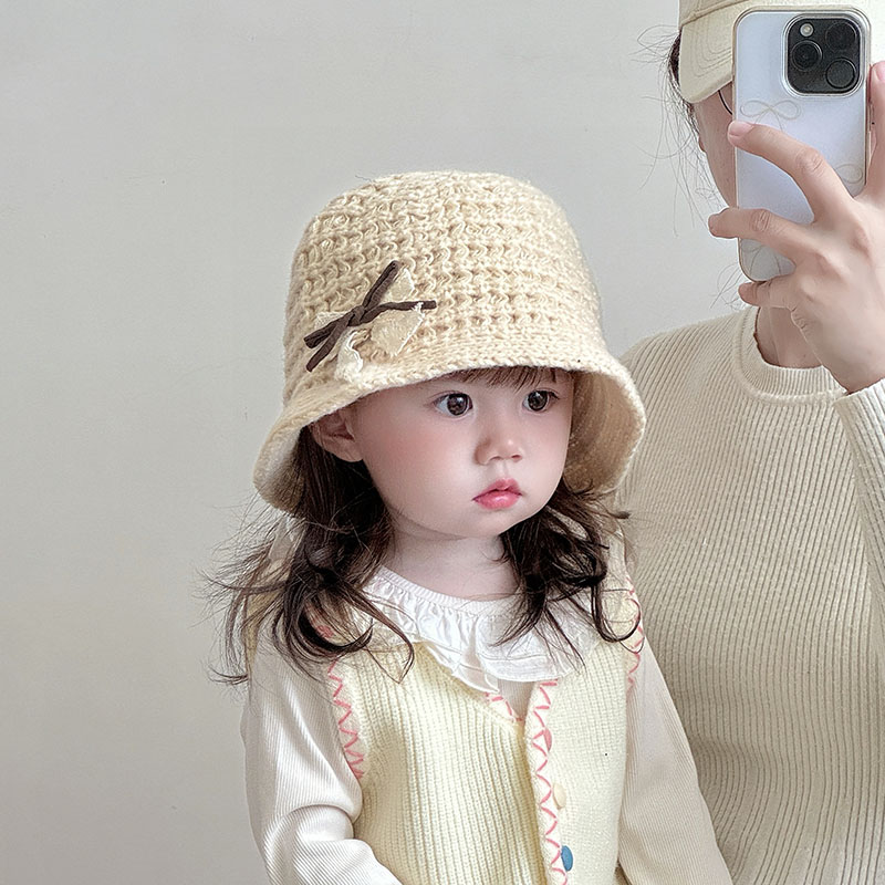 儿童公主帽子秋冬季保暖渔夫针织帽女宝宝韩系蝴蝶结防风毛线盆帽