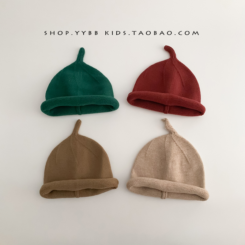 ins韩系宝宝帽子秋冬季保暖加厚针织奶嘴帽男女童护耳尖尖毛线帽