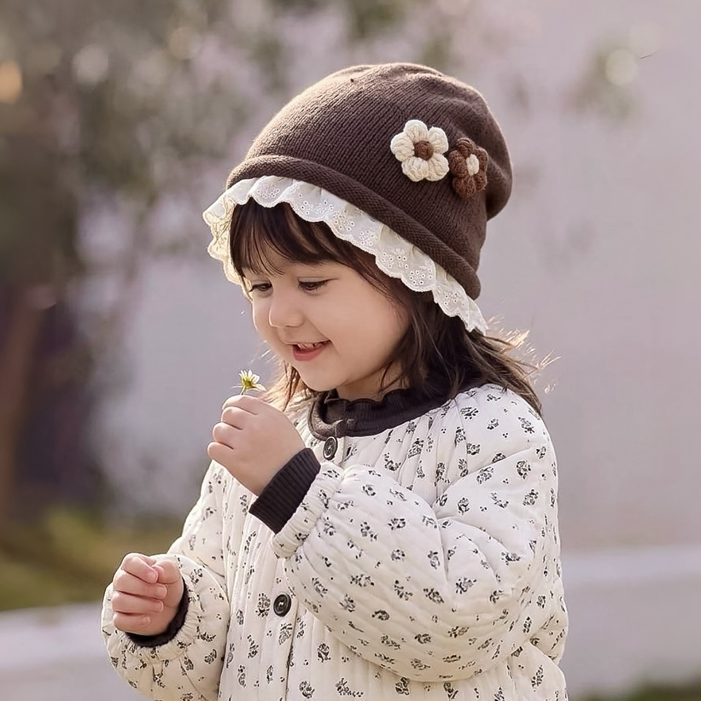 韩系小花儿童帽子秋冬季保暖加厚针织毛线堆堆帽女宝宝防风渔夫帽