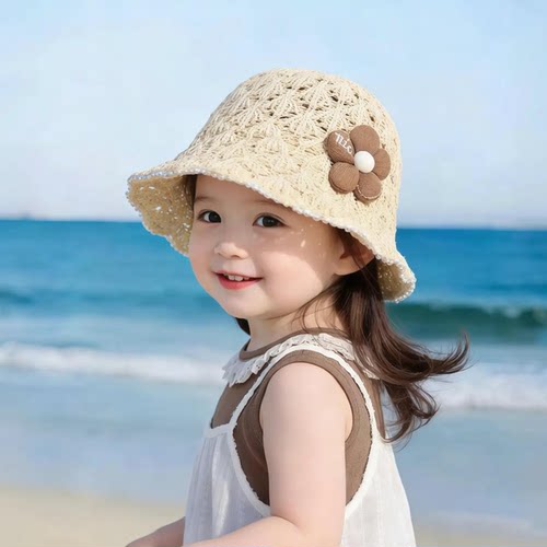 韩系儿童帽子夏季薄款镂空遮阳防晒渔夫帽女宝宝可爱沙滩编织草帽