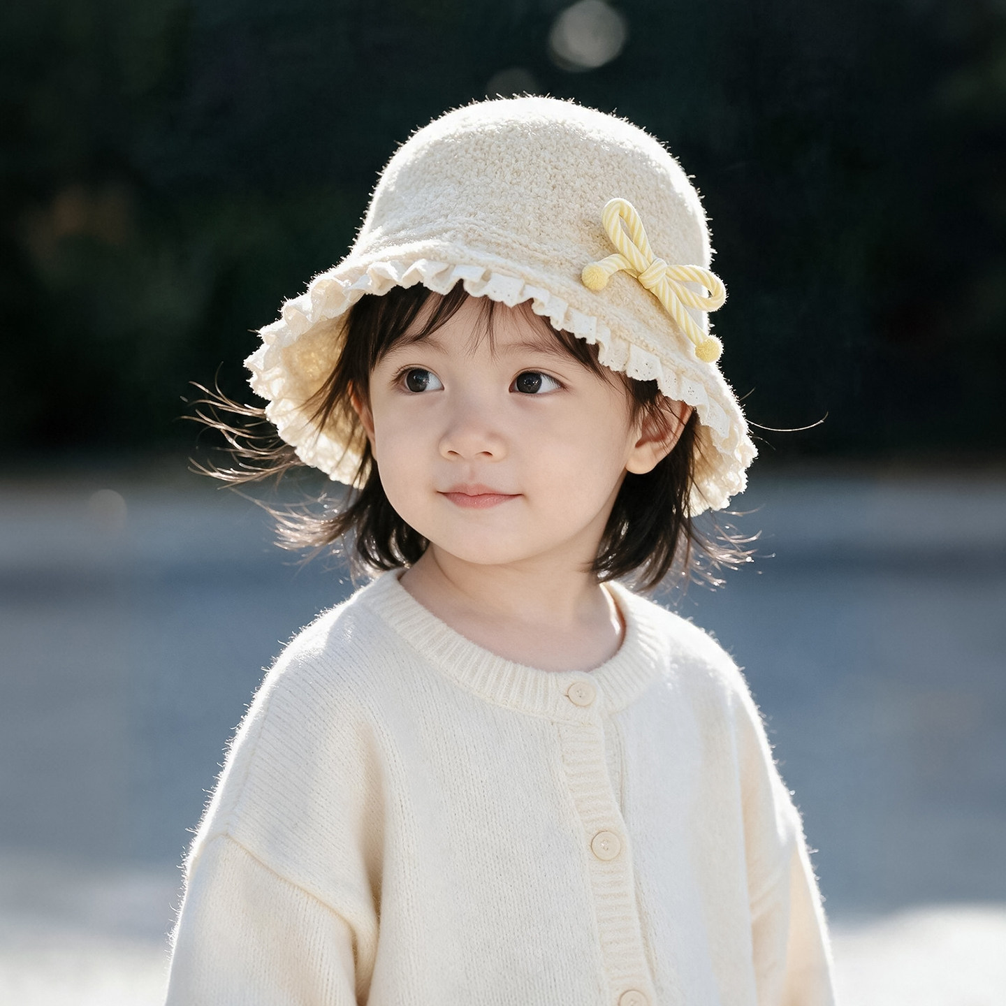 儿童帽子秋冬季保暖加厚毛绒渔夫帽女宝宝花边蝴蝶结防风户外盆帽