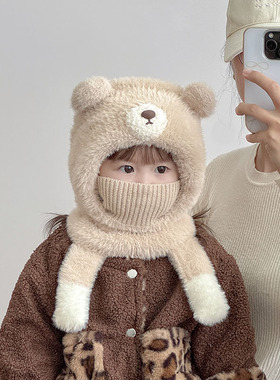 儿童帽子围脖口罩一体护耳帽秋冬季保暖毛绒帽男女宝宝防风套头帽