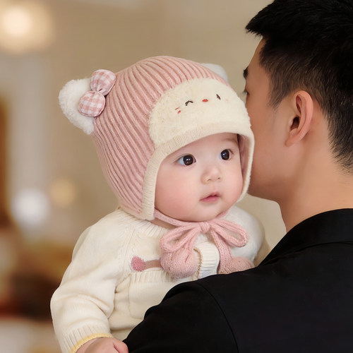 宝宝可爱帽子秋冬款保暖加厚针织护耳毛绒帽男女婴儿小月龄毛线帽