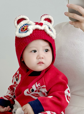 国潮风喜庆红色男女宝宝帽子秋冬季保暖针织毛线帽儿童护耳新年帽