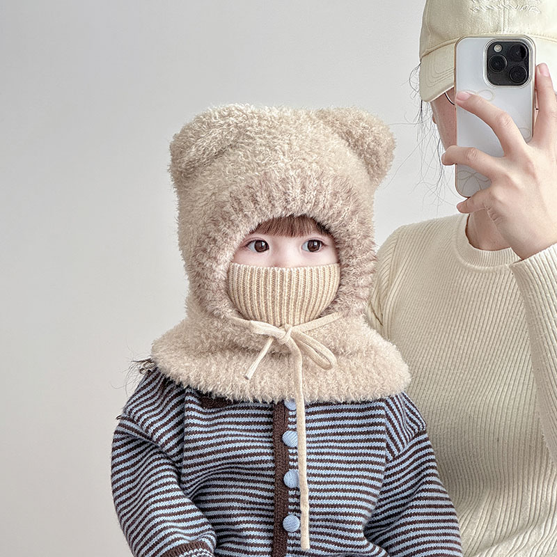 儿童帽子围脖口罩一体毛线帽秋冬季保暖护耳帽男女宝宝防风毛绒帽