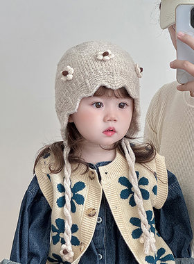 儿童帽子秋冬季保暖加厚防风护耳帽女宝宝韩系花朵防风出游毛线帽