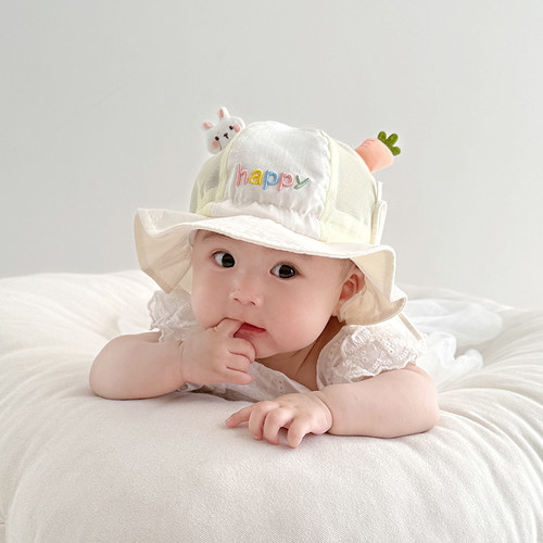 婴儿帽子夏季薄款透气网眼渔夫帽男女宝宝小月龄可爱遮阳防晒盆帽