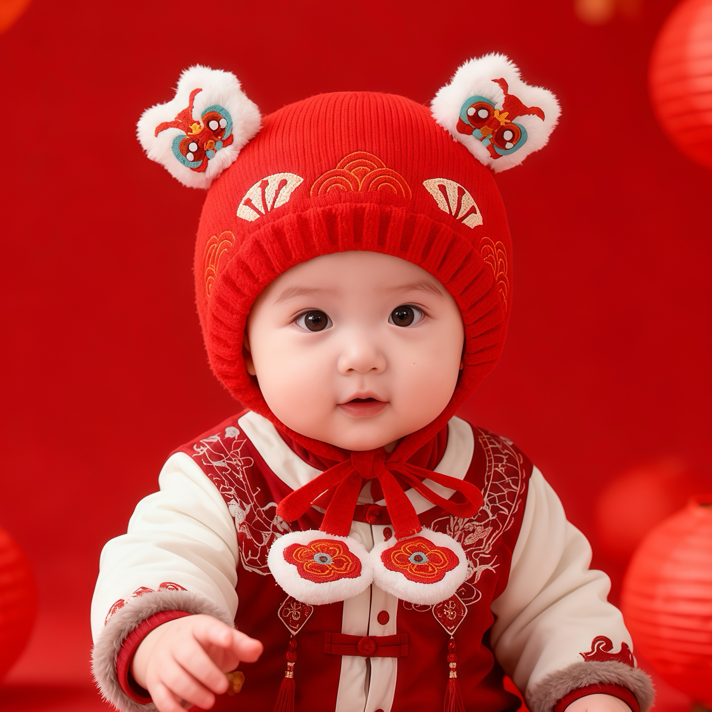 宝宝红色帽子秋冬季保暖加厚护耳毛线帽男女婴儿小月龄新年喜庆帽