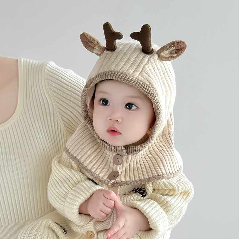 儿童帽子围脖一体帽秋冬季保暖加厚针织防风毛线帽男女宝宝护耳帽