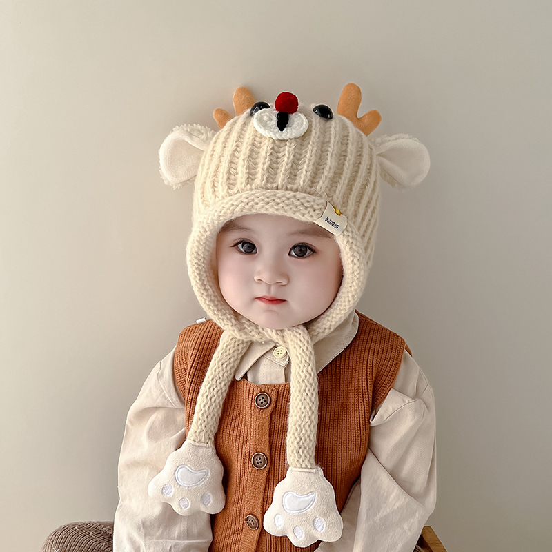 儿童帽子秋冬款可爱卡通鹿角保暖加厚针织毛线帽男女宝宝护耳帽潮