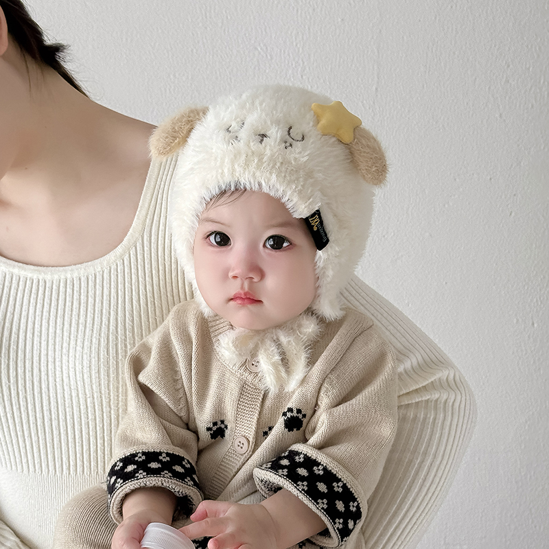 婴儿帽子秋冬季可爱保暖加厚毛绒护耳帽男女宝宝小月龄防风毛线帽