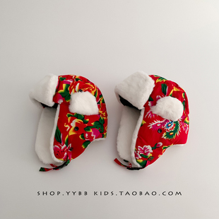 亲子大花民族风儿童帽子冬季东北抗风护耳雷锋帽男女宝宝毛绒帽潮