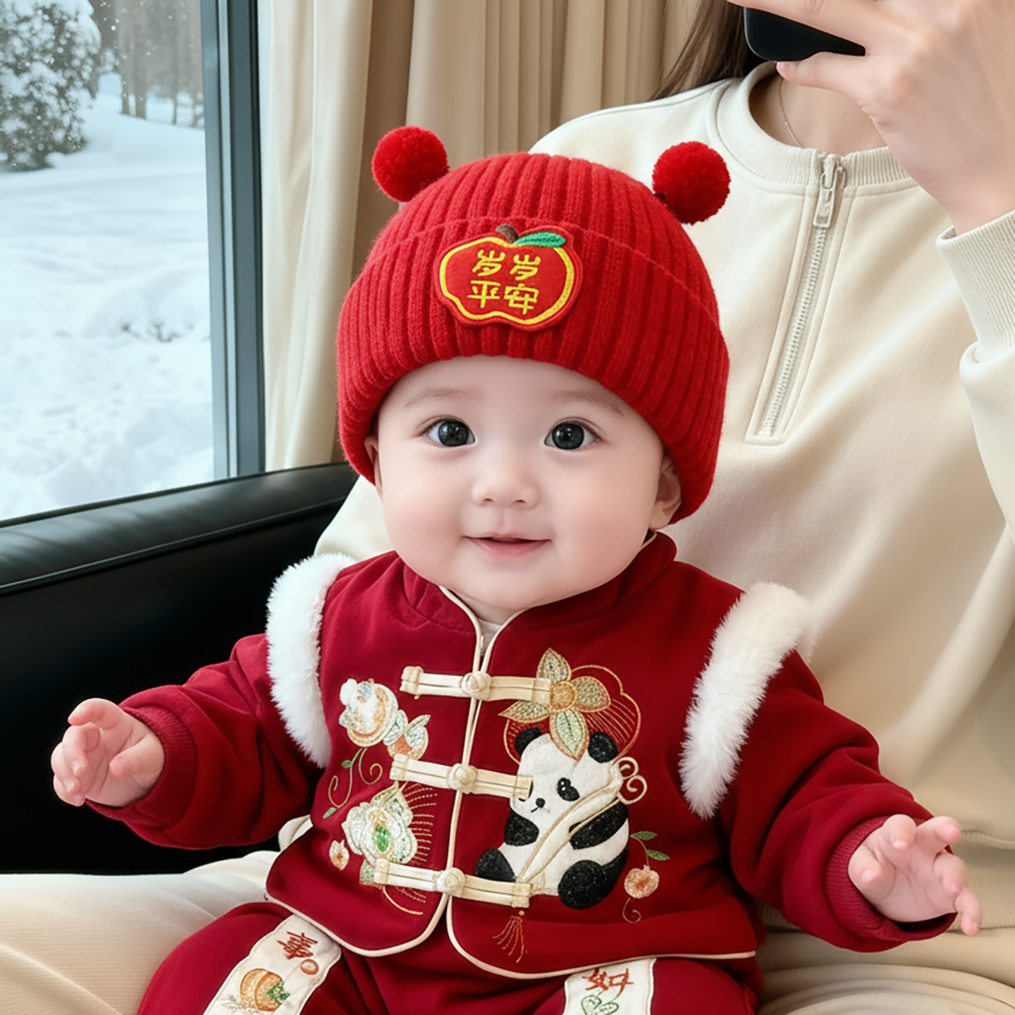 婴儿红色帽子秋冬季保暖加厚针织套头帽男童女宝宝喜庆新年毛线帽