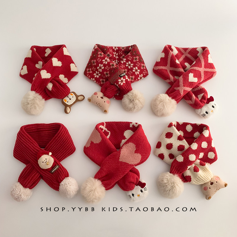 宝宝红色系新年围巾秋冬季保暖加厚针织围脖男女儿童防风圣诞脖套