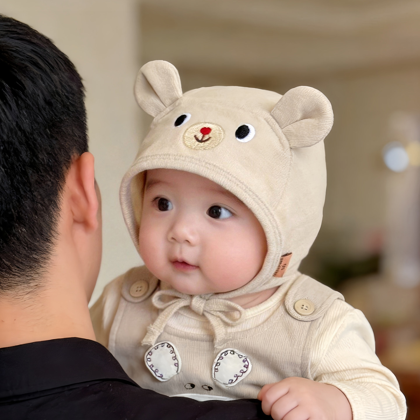 婴幼儿帽子秋冬款保暖防风护耳可爱小熊包头帽男女宝宝小月龄胎帽