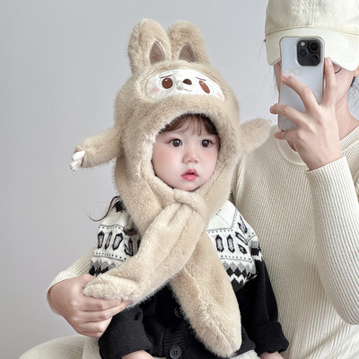 儿童帽子秋冬季保暖围巾一体毛绒帽男孩女宝宝耳朵会动防风护耳帽