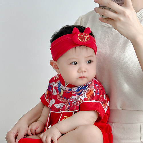婴幼儿护囟门帽子夏季薄款初生幼儿帽喜庆福字发带男孩女宝宝头饰