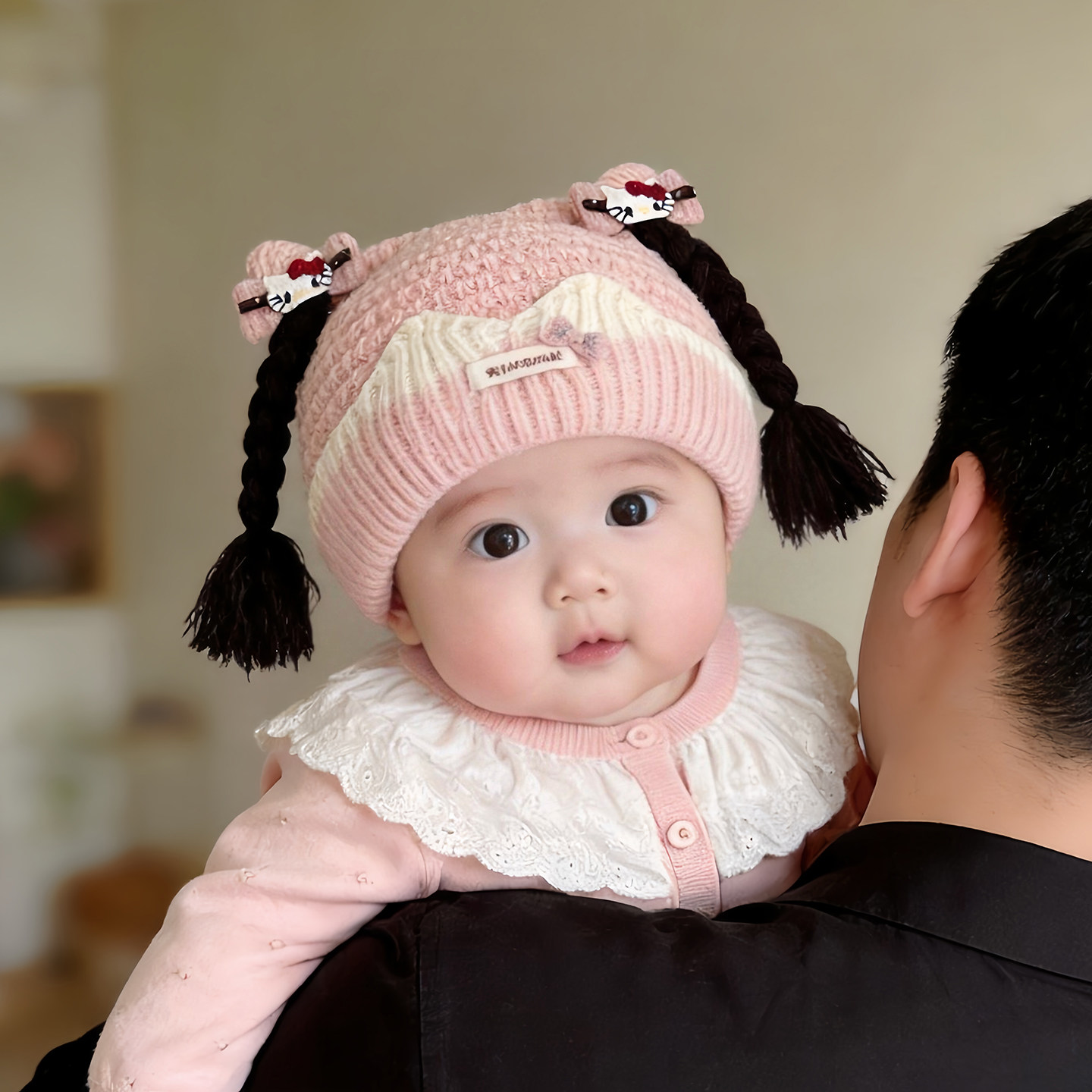 婴儿帽子秋冬季保暖针织公主假发辫子帽女宝宝小月龄防风毛线帽潮图片