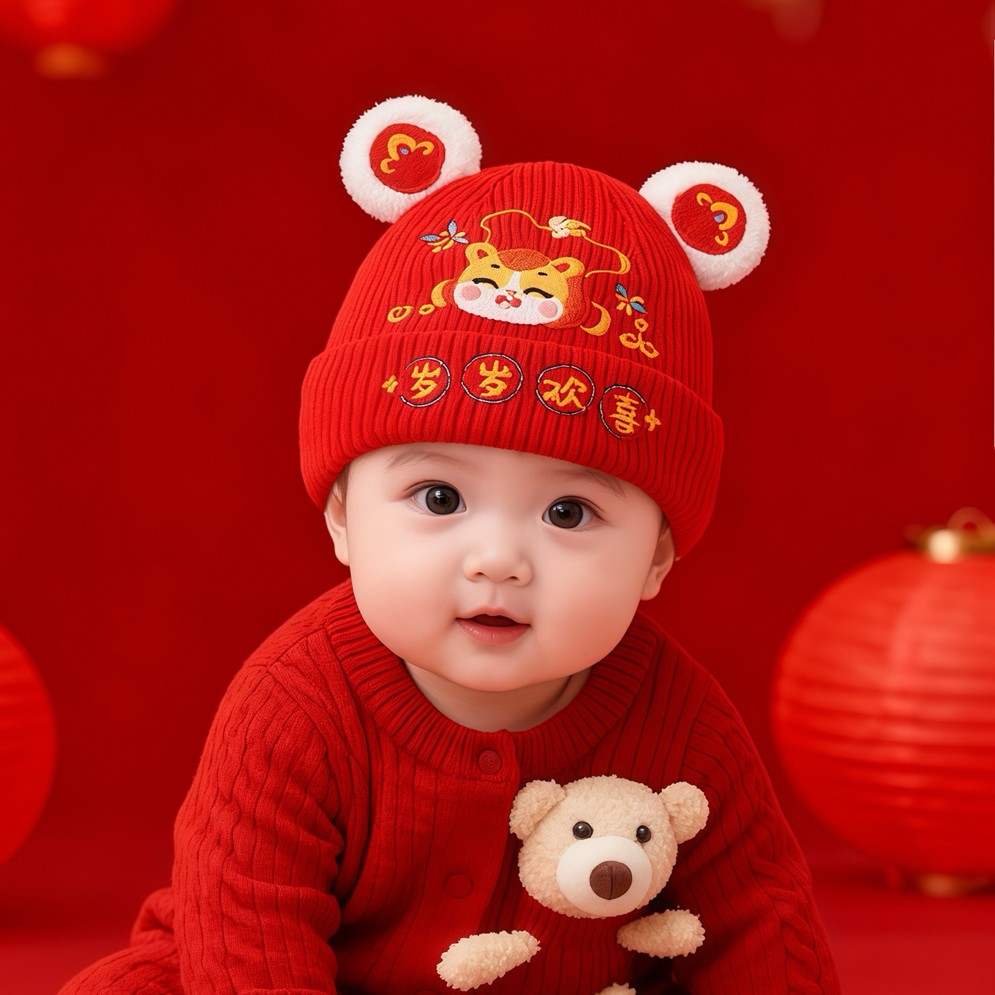 婴儿喜庆帽子秋冬季保暖加厚针织套头帽男童女宝宝新年红色毛线帽